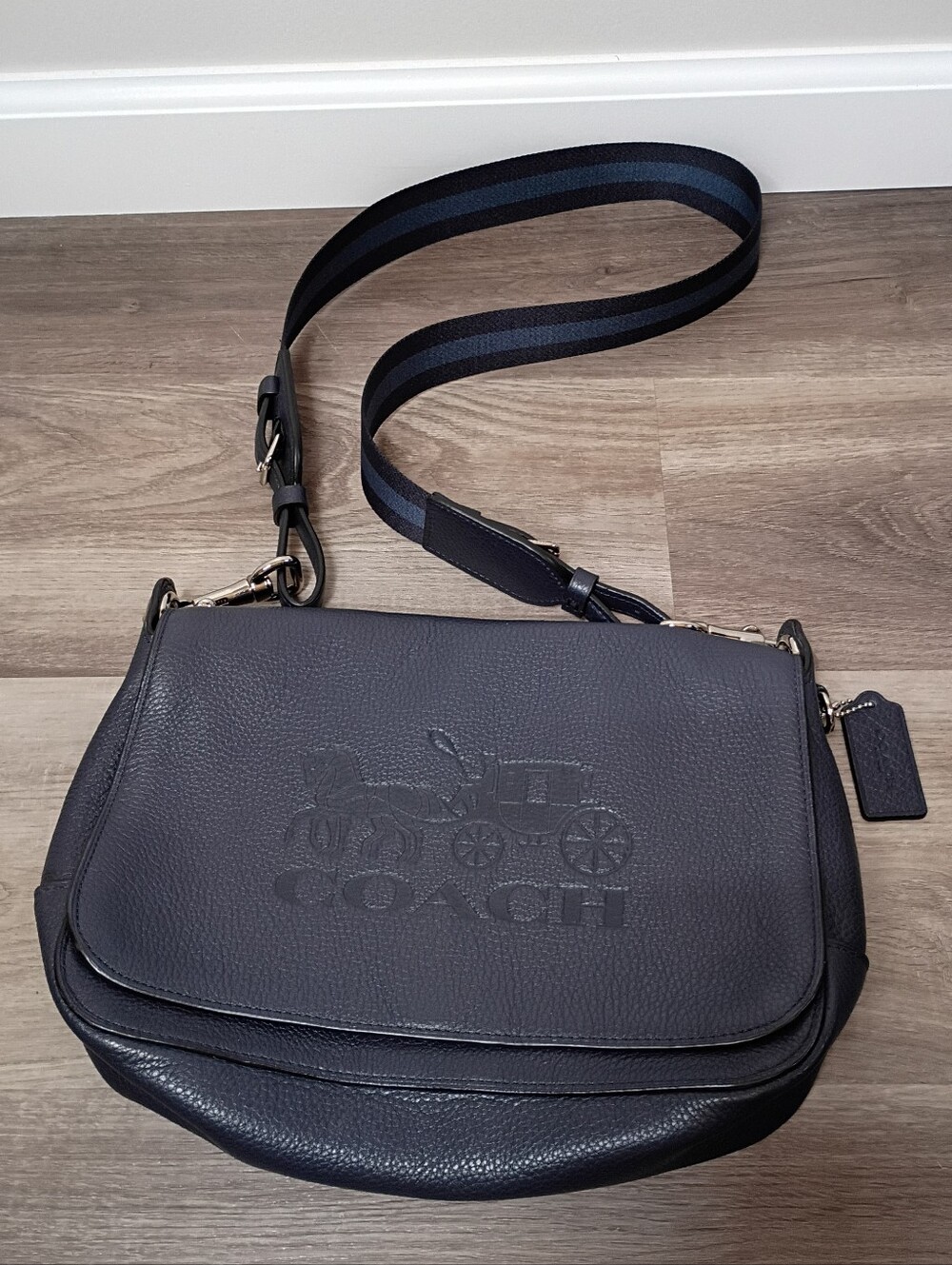 Coach Womens Jess Navy Blue Pebbled Leather Carriage Graphic Crossbody Messenger
